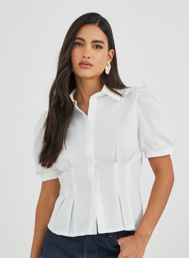 Styli Solid Puff Sleeve Pleated Detail Shirt - Image 1