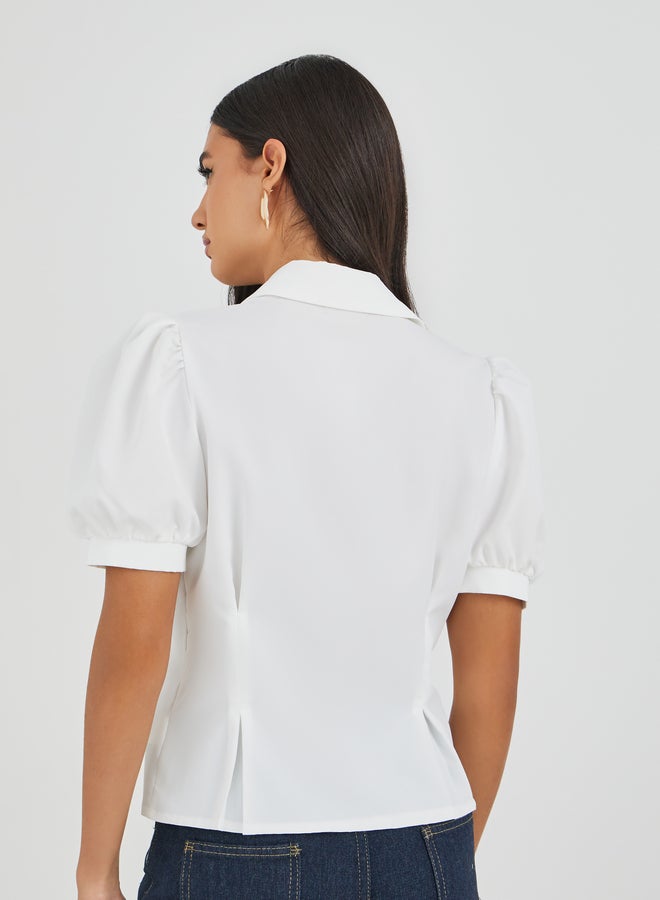 Styli Solid Puff Sleeve Pleated Detail Shirt - Image 4