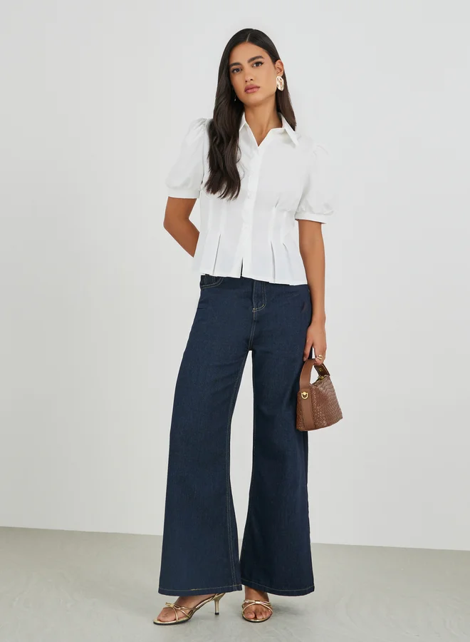 Styli Styli Solid Puff Sleeve Pleated Detail Shirt