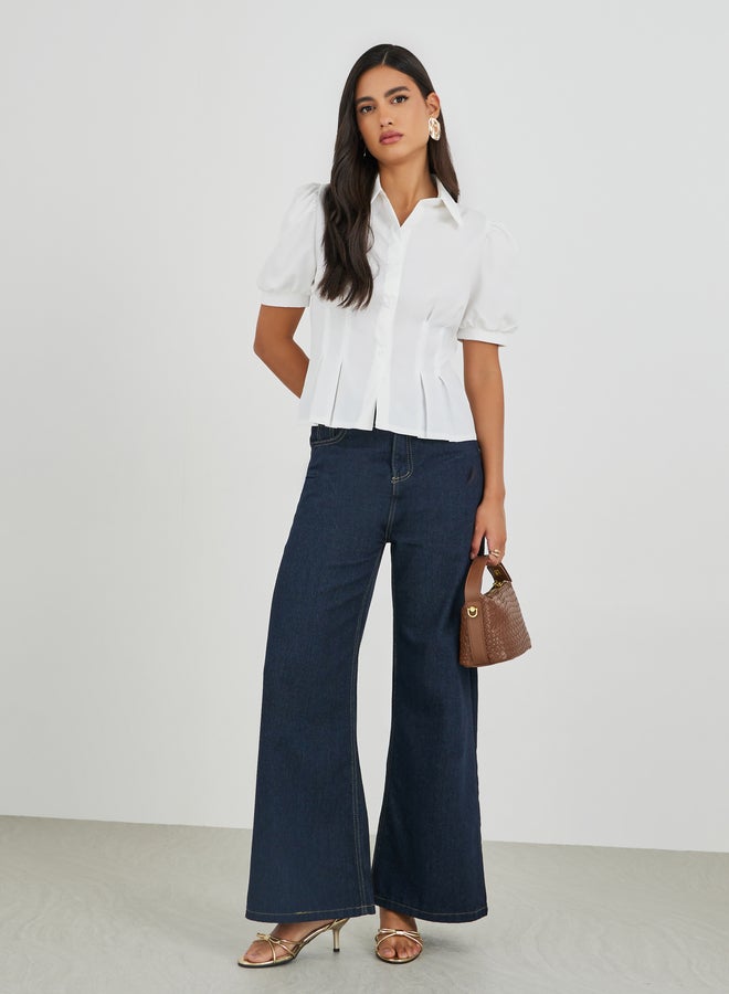 Styli Solid Puff Sleeve Pleated Detail Shirt - Image 2