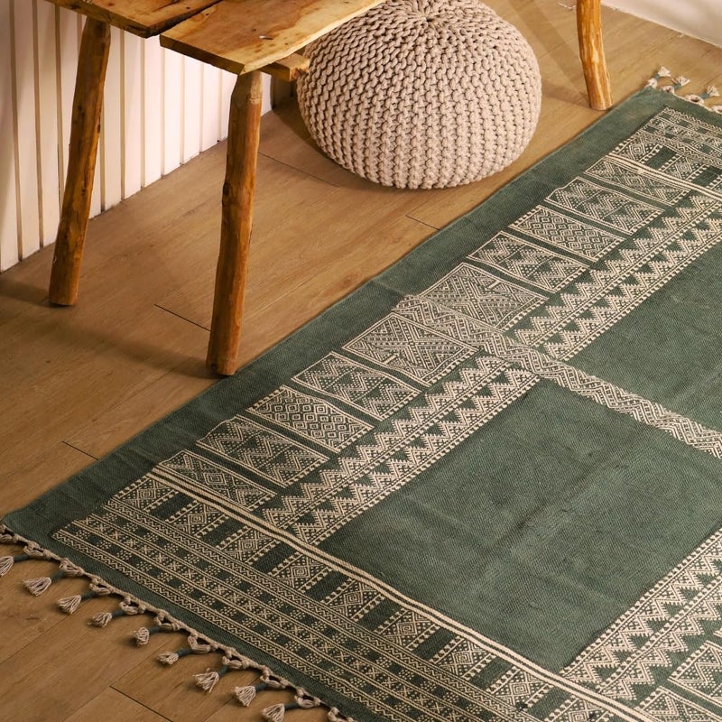 Peepul Tree Jaipuri Handprinted Cotton Rugs for Living Room Handmade Sustainable Modern Durries for Living Room Cotton Carpets for Living Room Bedroom Floor Rug for BedroomSea Green 4X6 ft - Image 2