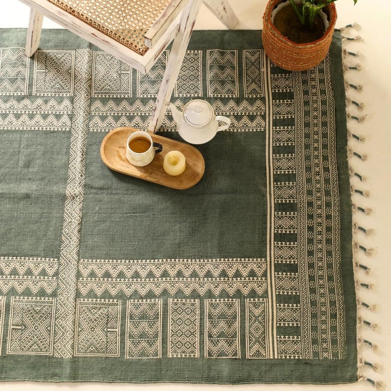 Peepul Tree Jaipuri Handprinted Cotton Rugs for Living Room Handmade Sustainable Modern Durries for Living Room Cotton Carpets for Living Room Bedroom Floor Rug for BedroomSea Green 4X6 ft - Image 4