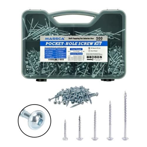 Massca Wood Screws Assortment Kit - Pocket Hole Screws with Plastic Storage Box, 500 Set Screw Assortment Kit Heavy Duty, Fine Thread, Zinc Plated Set Screws for Woodworking, Varying Lengths - Image 1