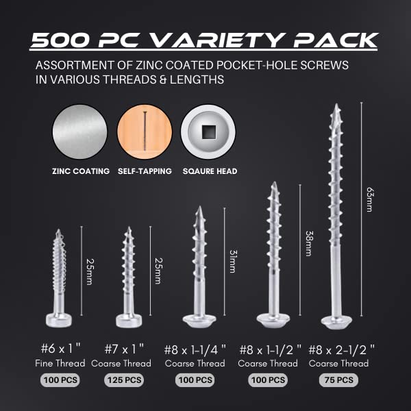 Massca Wood Screws Assortment Kit - Pocket Hole Screws with Plastic Storage Box, 500 Set Screw Assortment Kit Heavy Duty, Fine Thread, Zinc Plated Set Screws for Woodworking, Varying Lengths - Image 2