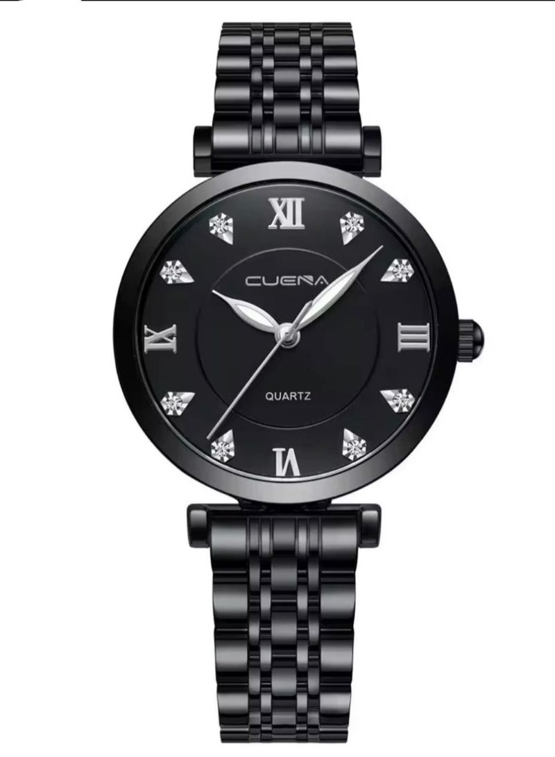 كوينا ساعة يد نسائية، بسوار بلونين، ساعة أنالوج مستديرة تعمل بحركة كوارتز، مزودة بأرقام رومانية مرصعة بالكريستال، وسوار معدني من الفولاذ المقاوم للصدأ – ساعة أنيقة للنساء للارتداء الرسمي (أسود وفضي). - Image 1