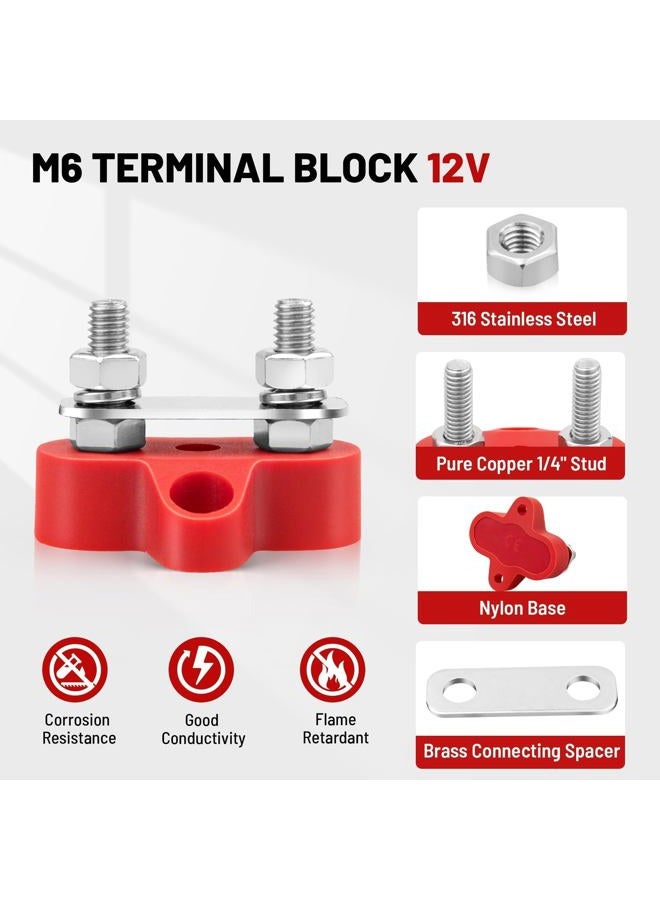 RED WOLF 12V 100A Power Distibution Block 1/4" Dual Stud Busbar M6 Terminal Bus Bar 12 Volt DC Battery Junction Post for Auto Boat Marine Solar System Positive and Negative (2PC)(Dual M6 Stud) - Image 3
