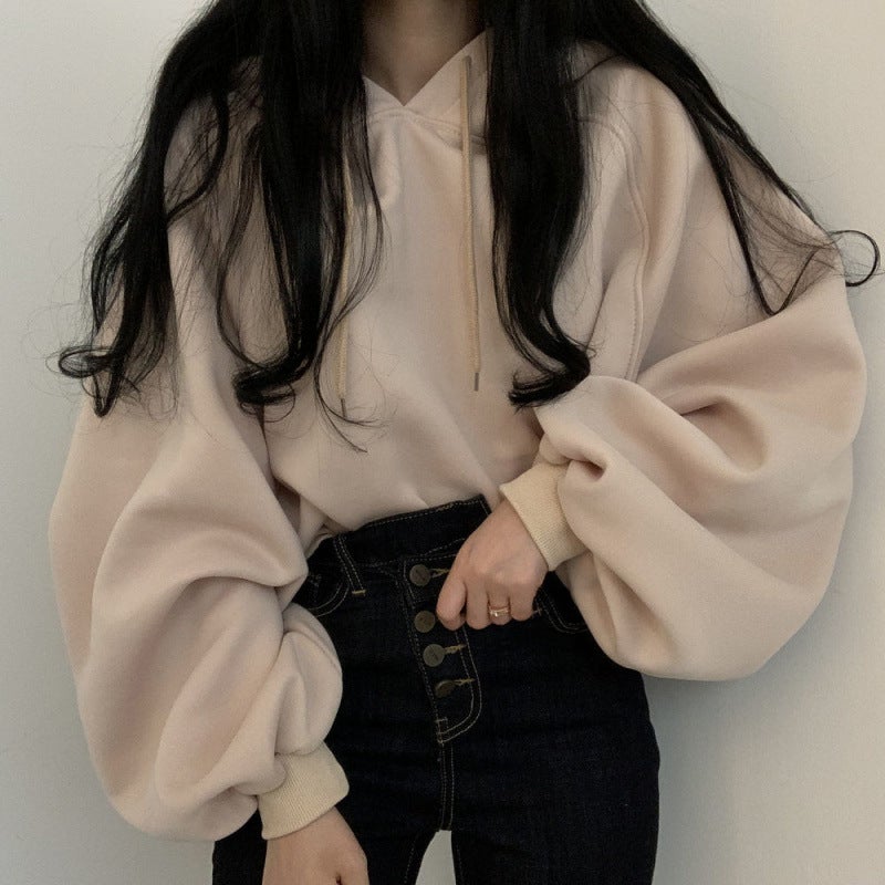 2024 New Hooded Sweatshirt Womens Autumn and Winter fleece-lined Thickened Loose All-match Casual Lantern Sleeve Solid Color Long Sleeve Jacket Light card