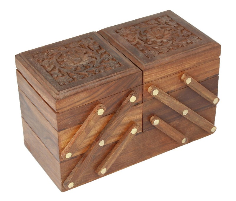 ITOS365 Wooden 5-in-1 Jewellery Box for Women - Wood Brown Finish | Handmade Jewellery Storage Ogranizer With Multiple Compartments & Carvings | Birthday & Valentine Gift For Women - Image 1