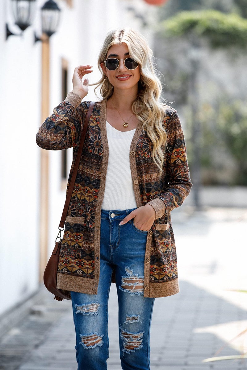 GRECERELLE Women's Floral Print Lightweight Long Sleeve Button Down Open Front Knit Pocket Casual Warm Cardigan - Image 2
