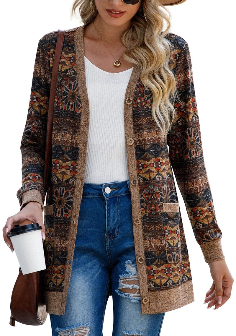 GRECERELLE Women's Floral Print Lightweight Long Sleeve Button Down Open Front Knit Pocket Casual Warm Cardigan - Image 1