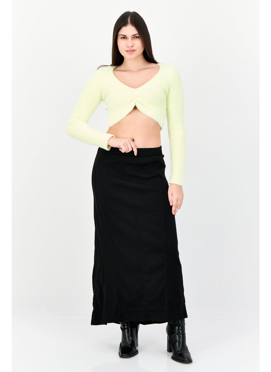 Bershka Women U-Neck Long Sleeves Solid Crop Top, Light Green  - Image 4