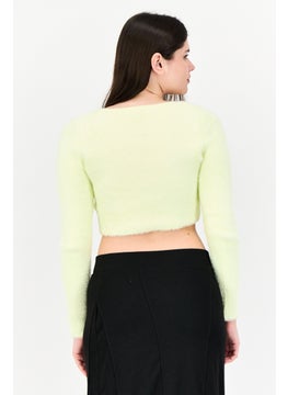 Bershka Women U-Neck Long Sleeves Solid Crop Top, Light Green  - Image 3