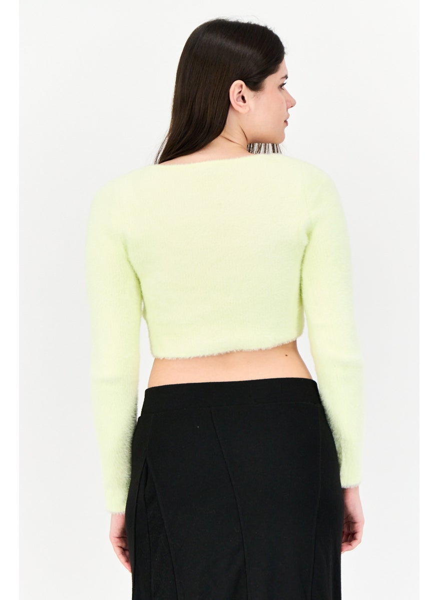Bershka Women U-Neck Long Sleeves Solid Crop Top, Light Green  - Image 3