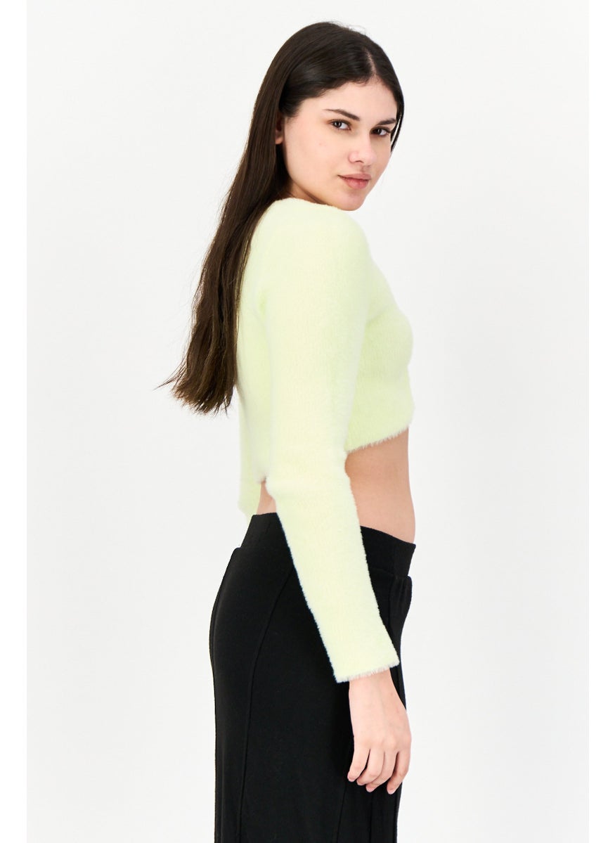 Bershka Women U-Neck Long Sleeves Solid Crop Top, Light Green  - Image 2