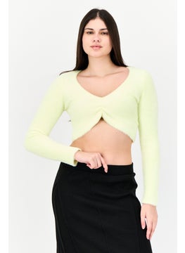 Bershka Women U-Neck Long Sleeves Solid Crop Top, Light Green  - Image 1