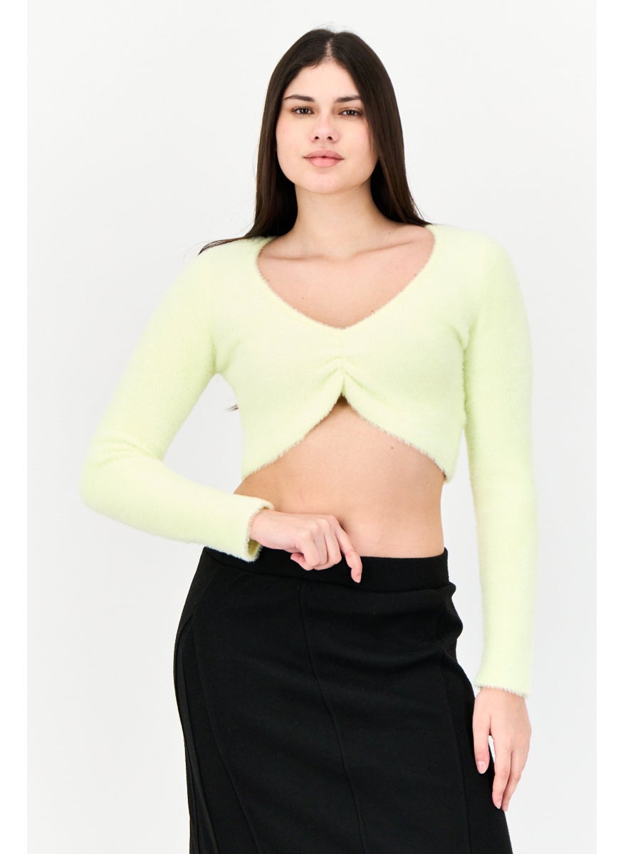 Bershka Women U-Neck Long Sleeves Solid Crop Top, Light Green  - Image 1