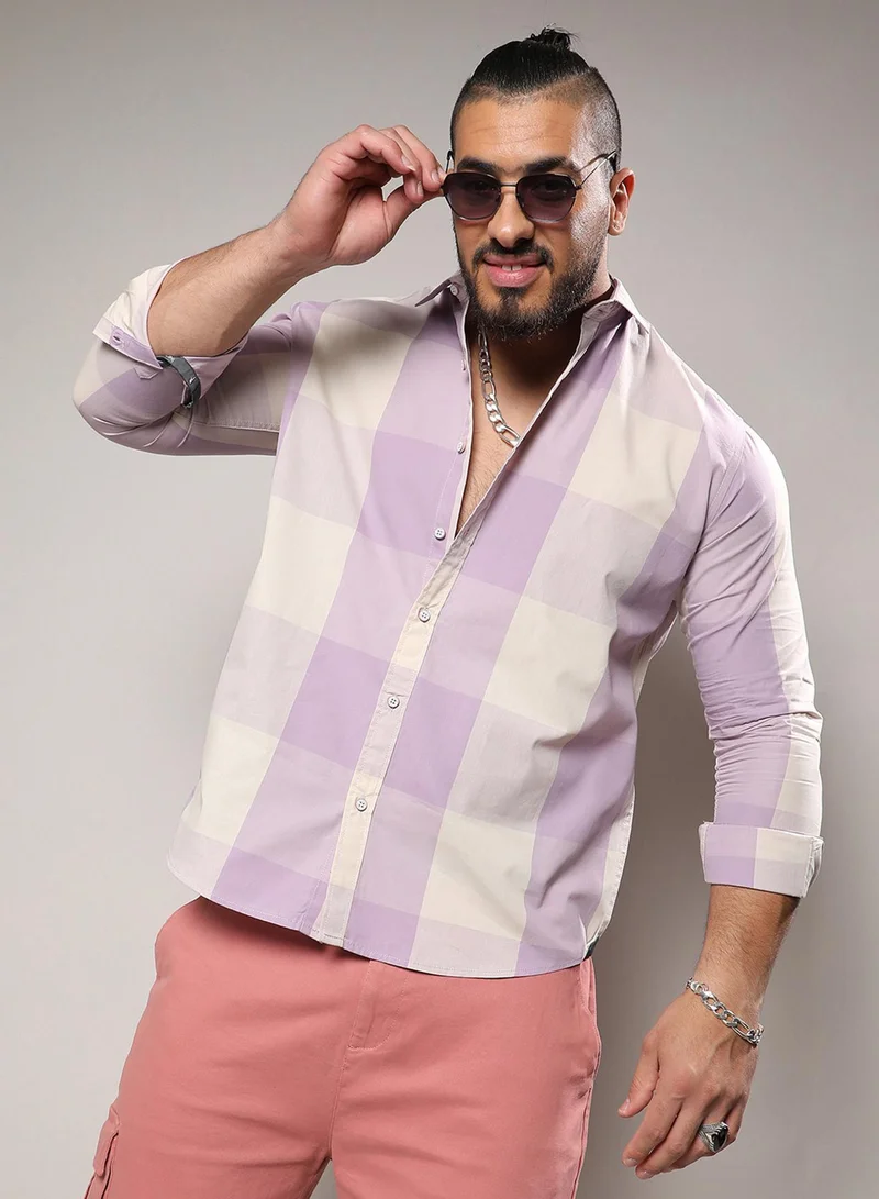 Instafab Plus Instafab Plus Men's White & Lilac Buffalo Check Button Up Plus-Size Fit Shirt For Casual Wear | Cotton Spread Collar Shirt Crafted With Regular Sleeve & Comfort Fit For Everyday Wear
