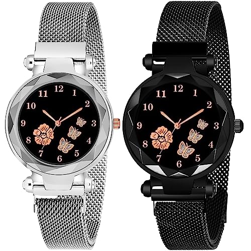CERO New Flower Butterfly Dial Mgnetic Strap Girls Analogue Watch for Woman (Silver-Black) - Image 1