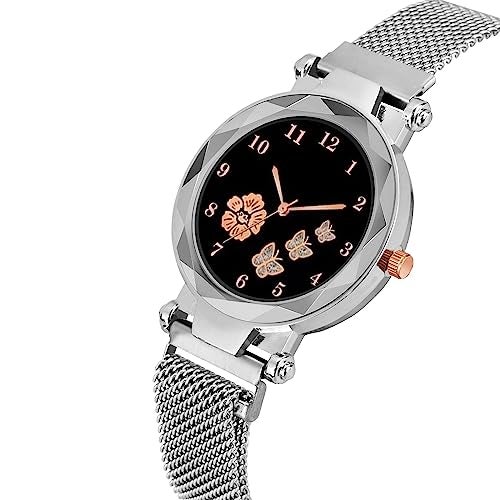 CERO New Flower Butterfly Dial Mgnetic Strap Girls Analogue Watch for Woman (Silver-Black) - Image 3