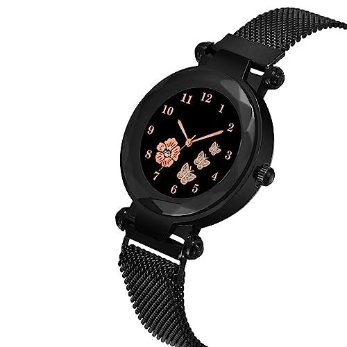 CERO New Flower Butterfly Dial Mgnetic Strap Girls Analogue Watch for Woman (Silver-Black) - Image 4