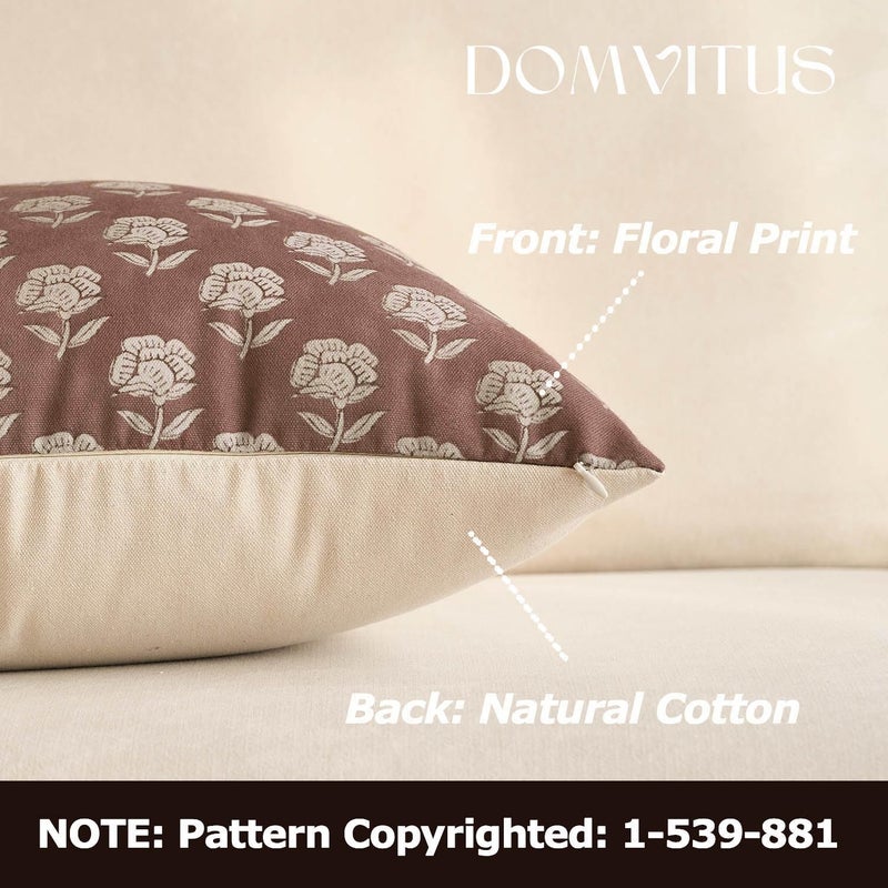 DOMVITUS Floral Pillow Covers 20x20 Throw Pillow Covers Decorative Farmhouse Block Floral Print Vintage Pillow Cover for Living Room Couch Bed, Brown, 1PC - Image 2