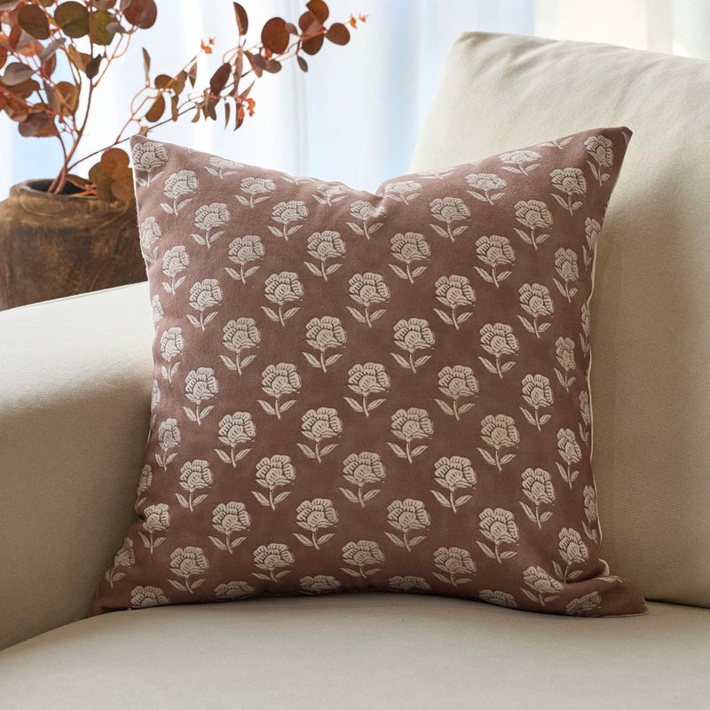DOMVITUS Floral Pillow Covers 20x20 Throw Pillow Covers Decorative Farmhouse Block Floral Print Vintage Pillow Cover for Living Room Couch Bed, Brown, 1PC - Image 1