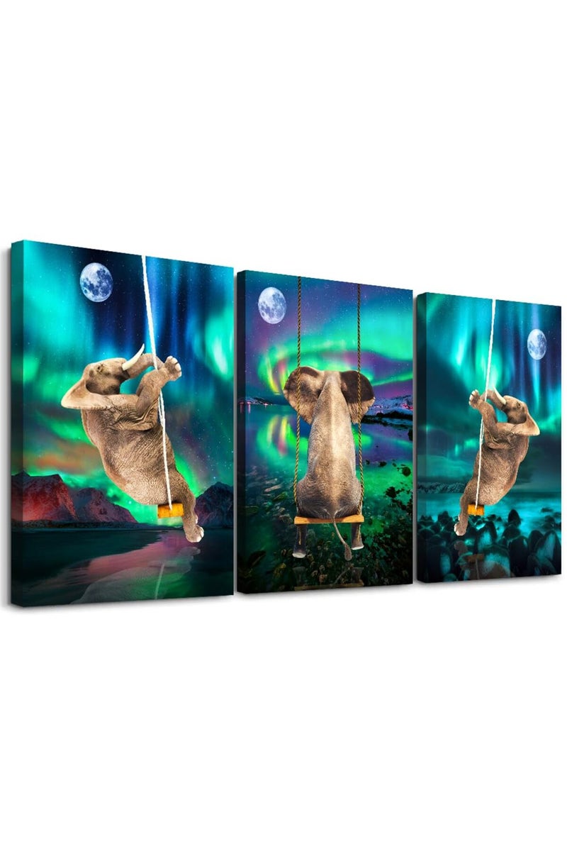 DZRWUBHS ALAYRA Wall Decorations For Bedroom 3 Piece Framed Canvas Wall Art For Living Room Fashion Office Wall Decor Aurora Scenery Wall Painting Elephant Pictures Artwork For Room Posters Art Home Decor - Image 1