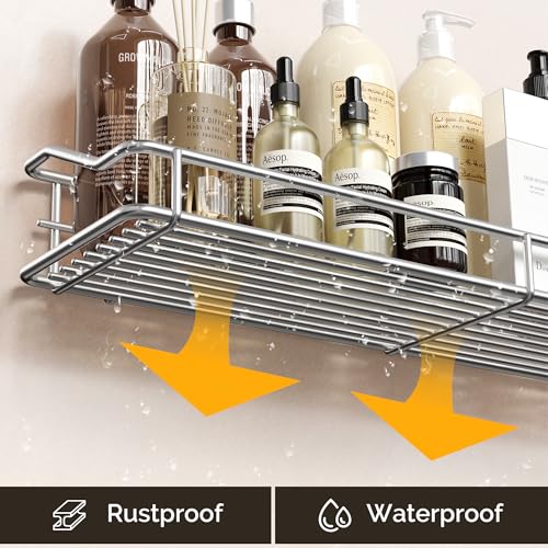 Orimade Bathroom Shelf Organizer Shower Caddy Storage Kitchen Rack with Traceless Transparent Adhesive No Drilling SUS304 Stainless Steel, 15.75 inch, Silver - Image 5