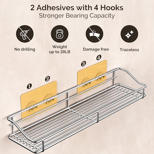 Orimade Bathroom Shelf Organizer Shower Caddy Storage Kitchen Rack with Traceless Transparent Adhesive No Drilling SUS304 Stainless Steel, 15.75 inch, Silver - Image 4
