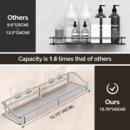 Orimade Bathroom Shelf Organizer Shower Caddy Storage Kitchen Rack with Traceless Transparent Adhesive No Drilling SUS304 Stainless Steel, 15.75 inch, Silver - Image 2