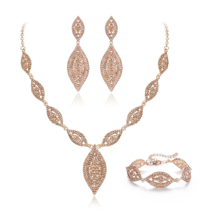 Flyonce Wedding Jewelry Set Rhinestone Crystal Bridal Leaf Necklace Drop Dangle Chandelier Earrings Sets Champagne Color - Image 1
