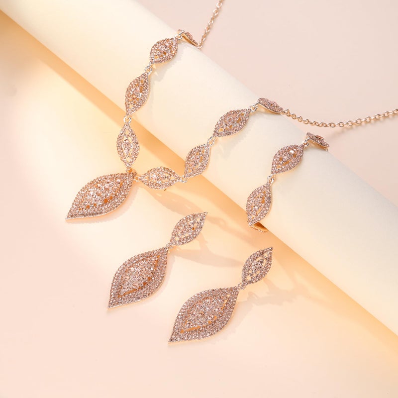Flyonce Wedding Jewelry Set Rhinestone Crystal Bridal Leaf Necklace Drop Dangle Chandelier Earrings Sets Champagne Color - Image 5