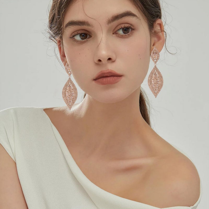 Flyonce Wedding Jewelry Set Rhinestone Crystal Bridal Leaf Necklace Drop Dangle Chandelier Earrings Sets Champagne Color - Image 4