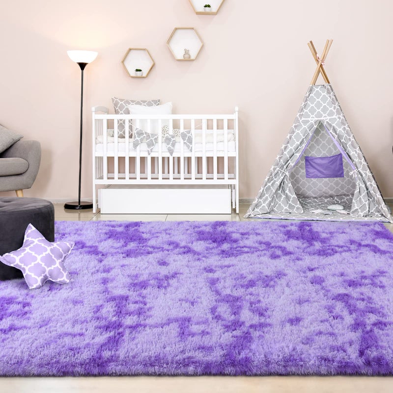 FlyDOIT Purple Tie-Dyed Large Rugs for Living Room, 4x6 Feet Shaggy Rug Fluffy Throw Carpets, Ultra Soft Plush Modern Indoor Fuzzy Rugs for Bedroom Girls Kids Nursery Room Dorm Home Decor - Image 4