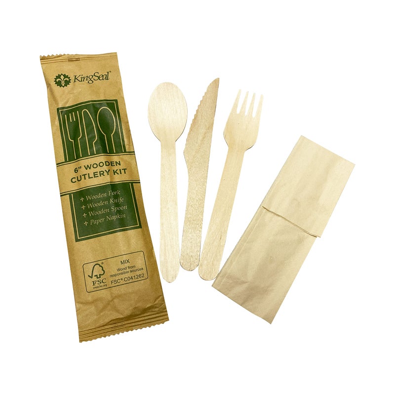 25 Count  KingSeal FSC Certified Disposable Wood Cutlery Kits Bulk Pack Sustainably Sourced  Spoon Fork Knife with BleachFree Napkin  1 Bag of 25 Sets