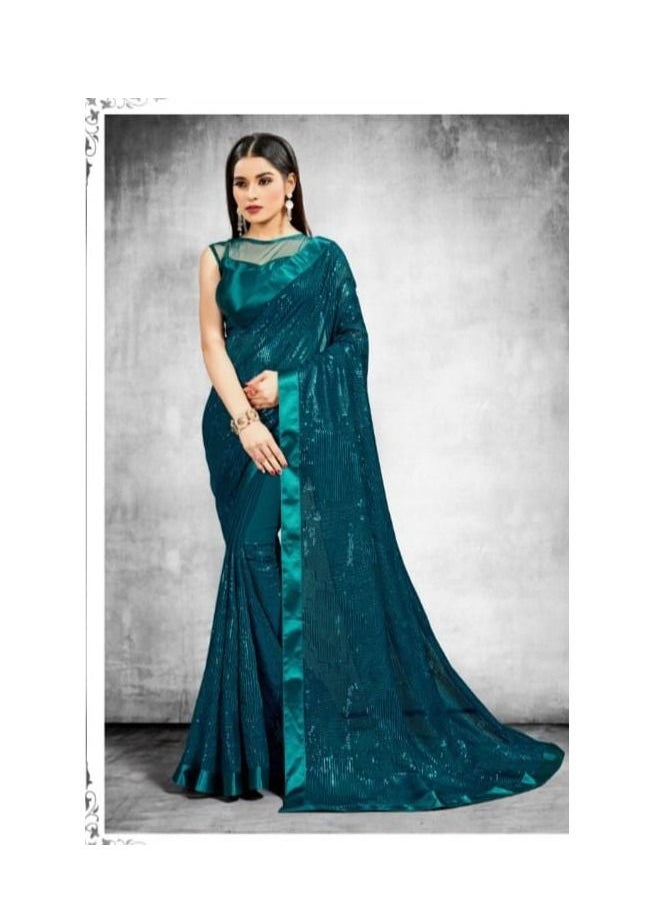 Grab Mantra - Tuquoise Blue georgette saree with sequence work and Satin border Plus satin unstitched Blouse - Image 1