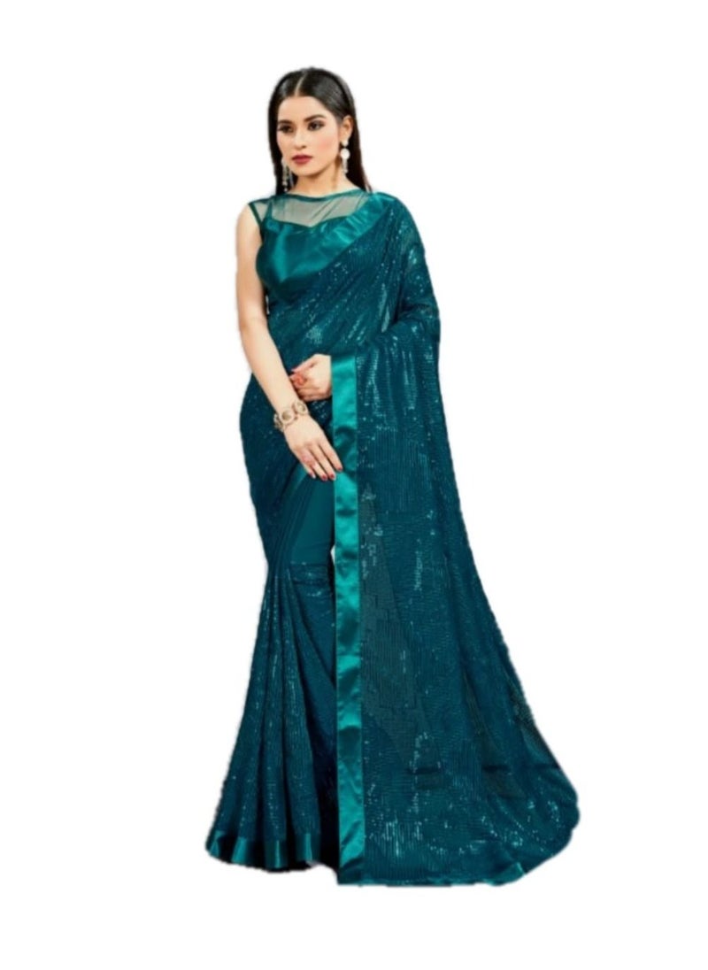 Grab Mantra - Tuquoise Blue georgette saree with sequence work and Satin border Plus satin unstitched Blouse - Image 1