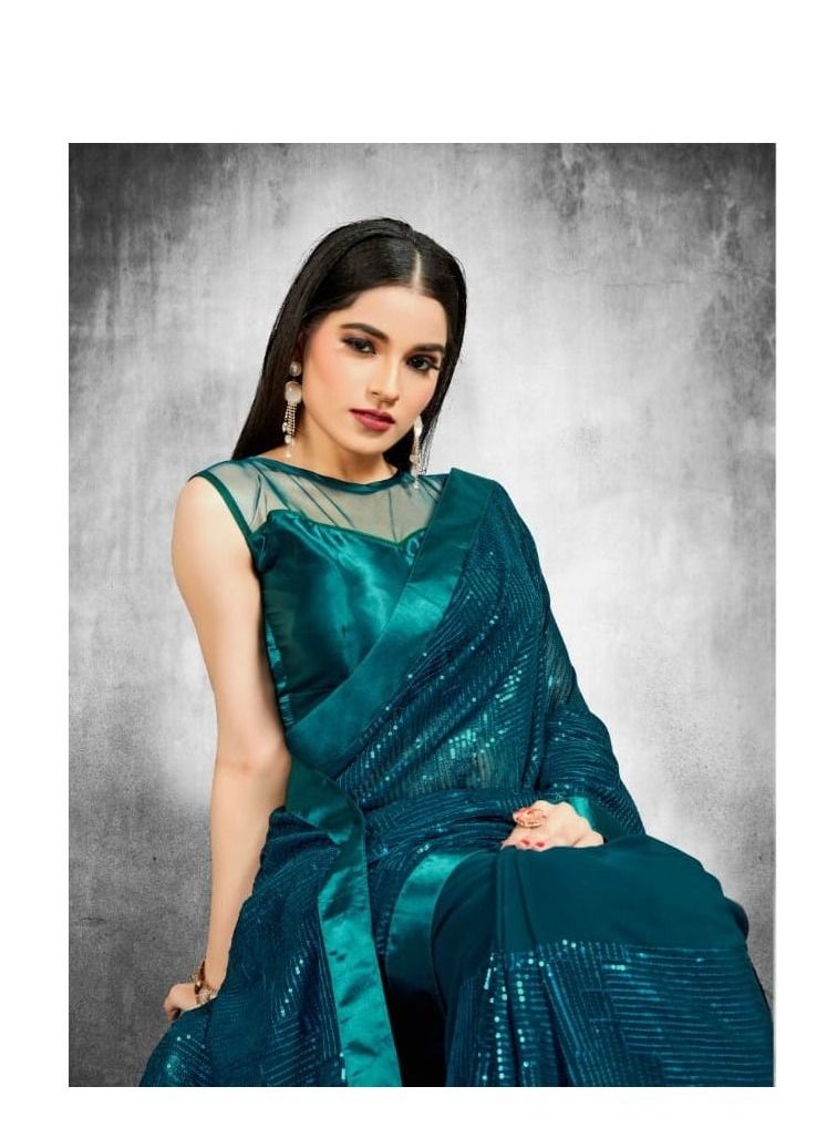 Grab Mantra - Tuquoise Blue georgette saree with sequence work and Satin border Plus satin unstitched Blouse - Image 1