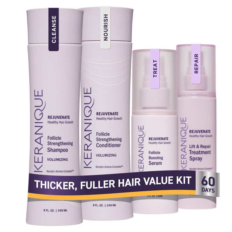Keranique Volumizing Set for Thinning Hair in Women - Thickening Shampoo, Conditioner, Follicle Booster Serum, Volumizing Spray with Keratin for Fine Texture Boost and Repair - Image 1