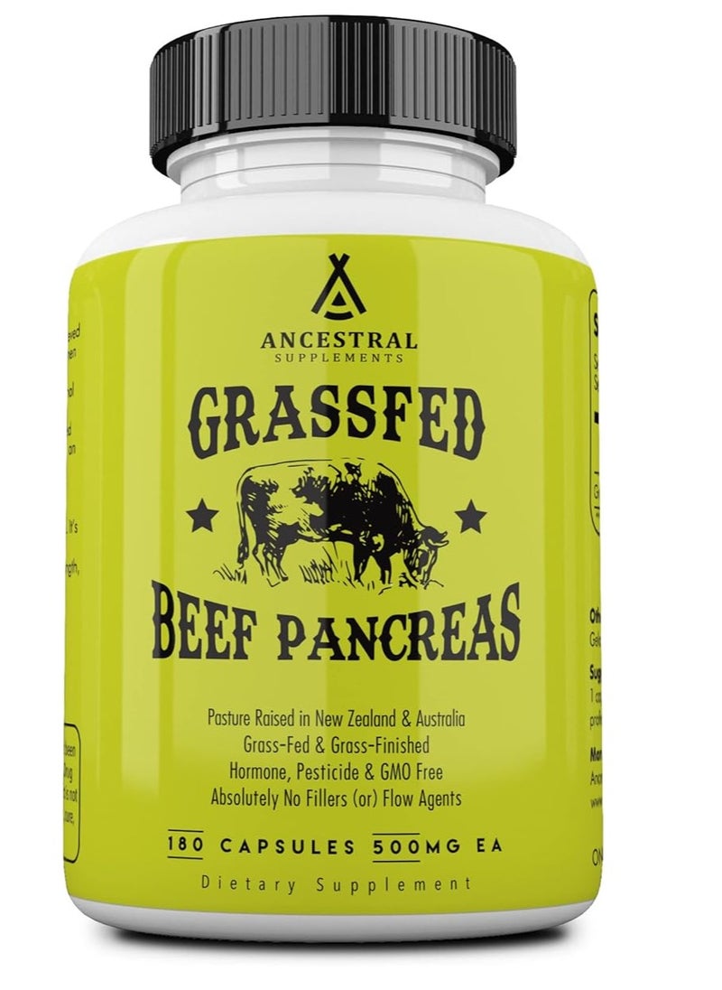 Ancestral Supplements Grass Fed Beef Pancreas Supplement, 500mg 180 Capsules 