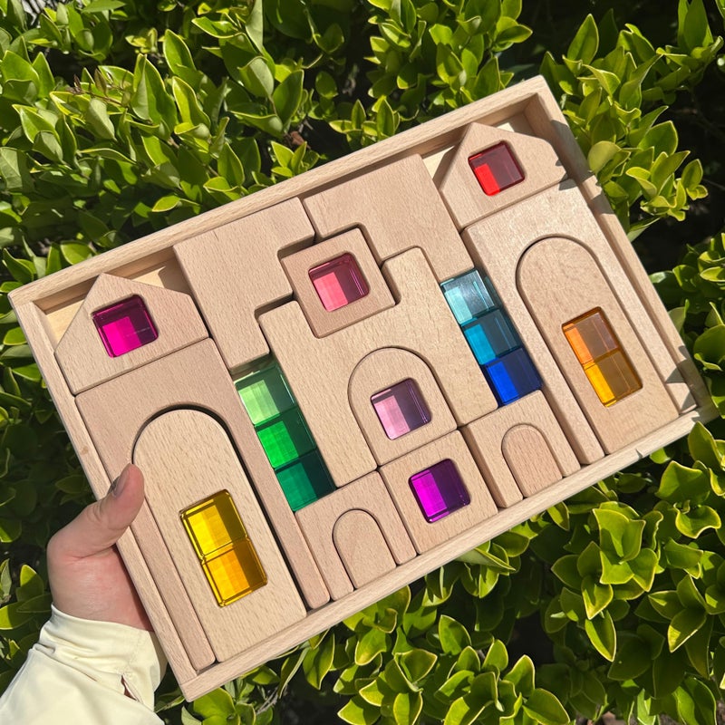 KOAICS 31PCS Wooden Castle Arch Building Blocks Set with Colorful Acrylic Inserts Educational Construction Toy for Toddlers 31PCS Colorful House - Image 3