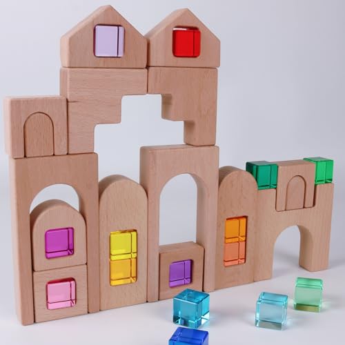 KOAICS 31PCS Wooden Castle Arch Building Blocks Set with Colorful Acrylic Inserts Educational Construction Toy for Toddlers 31PCS Colorful House - Image 5