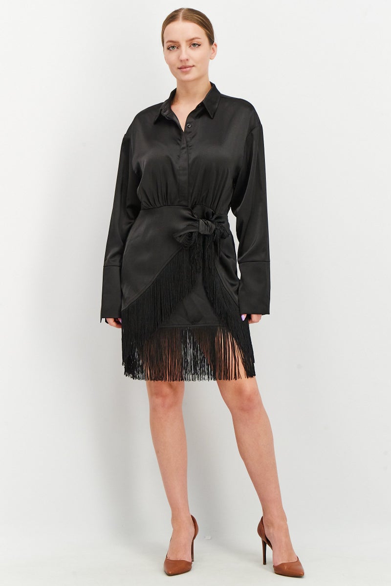 NA-KD فستان ميني بأكمام طويلة مع كشكش للنساء، أسود - Image 3