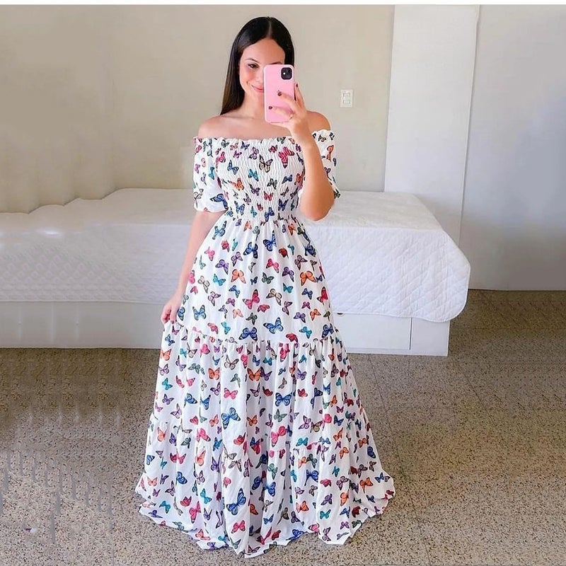 2023 Cross-border New Spring and Summer European and American Womens Dress Off-shoulder Floral Off-shoulder Long Printed Fairy Dress Color Butterfly