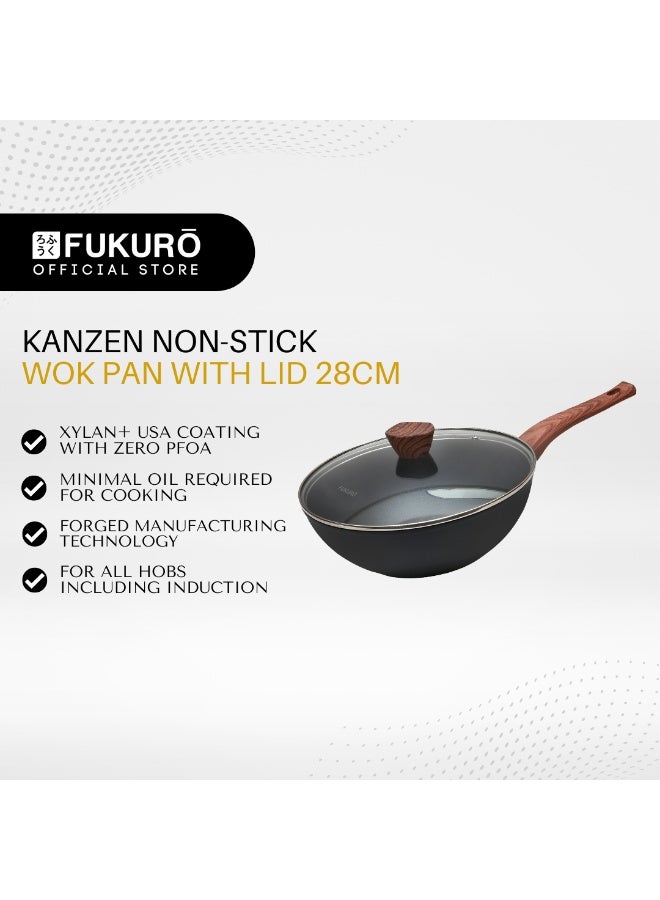 Fukuro Kanzen Forged Non-Stick Wok Pan with Lid - 28cm - Image 2