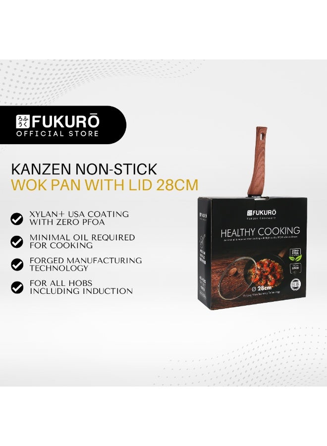 Fukuro Kanzen Forged Non-Stick Wok Pan with Lid - 28cm - Image 1