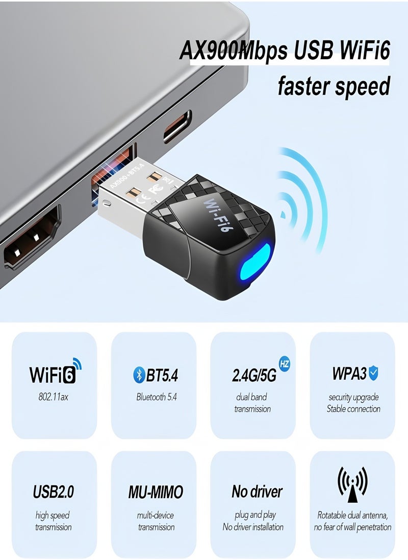 محول واي فاي USB Ax900mbps للكمبيوتر الشخصي، محول واي فاي ثنائي النطاق 2 في 1 بتقنية بلوتوث 5.4، جهاز إرسال واستقبال شبكة لاسلكية 2.4 جيجاهرتز/5 جيجاهرتز لأجهزة الكمبيوتر المحمولة/المكتبية/أنظمة Windows 11/10/WPA3