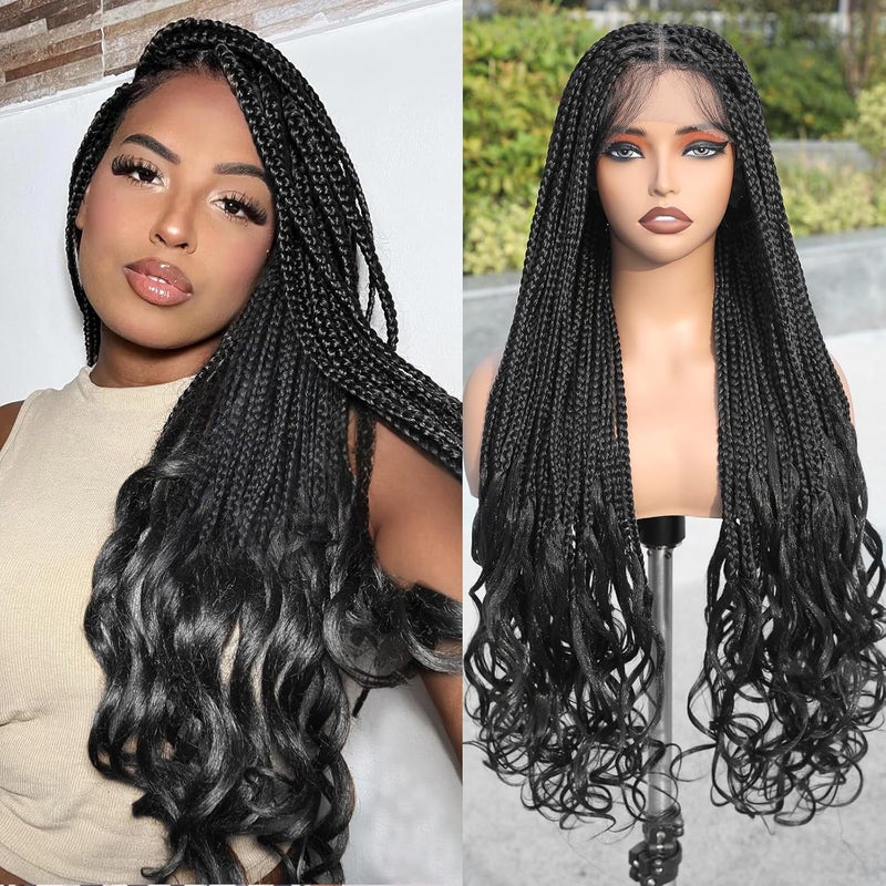 FAVE 30 Braided Wigs for Black Women Full Double Lace Box Braid Wig with Curly Ends Natural Black Knotless Braid Wigs Synthetic Fully Handmade Braided Wig with Baby Hair