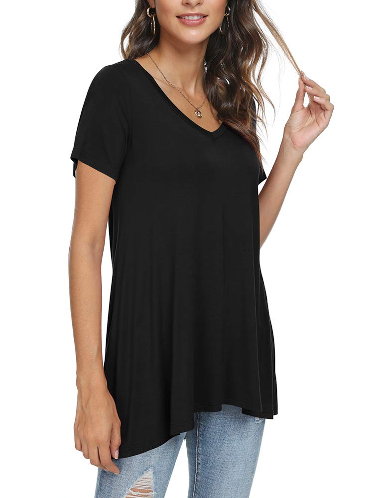 POPYOUNG Plus Size Women's long Tunic Tops to Wear with Leggings Summer Short Sleeve Loose Fit Dress Shirts M-5XL 4XL,Black - Image 1