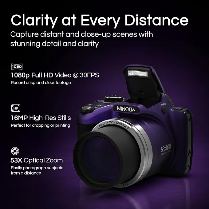 Minolta Pro Shot 16MP HD Digital Camera  53x Optical Zoom, 1080p Full HD Video, Optical Stabilization, 3-inch LCD, Panorama, HDR, Face Detection, Smart Modes, 16GB Card (Purple) - Image 2